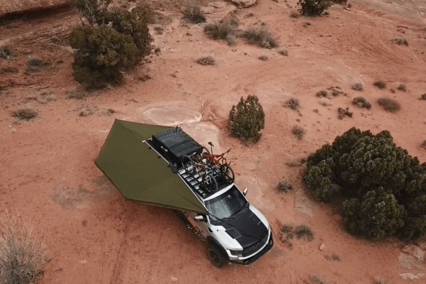Overhead shot of truck in the Outback with awning open